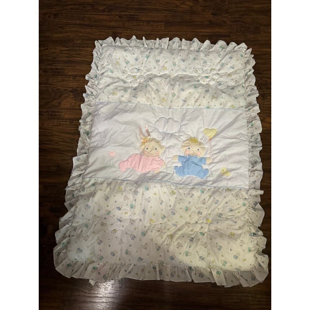 Vintage Baby Q Quiltex Boy And Girl Crib Blanket Comforter Soft White